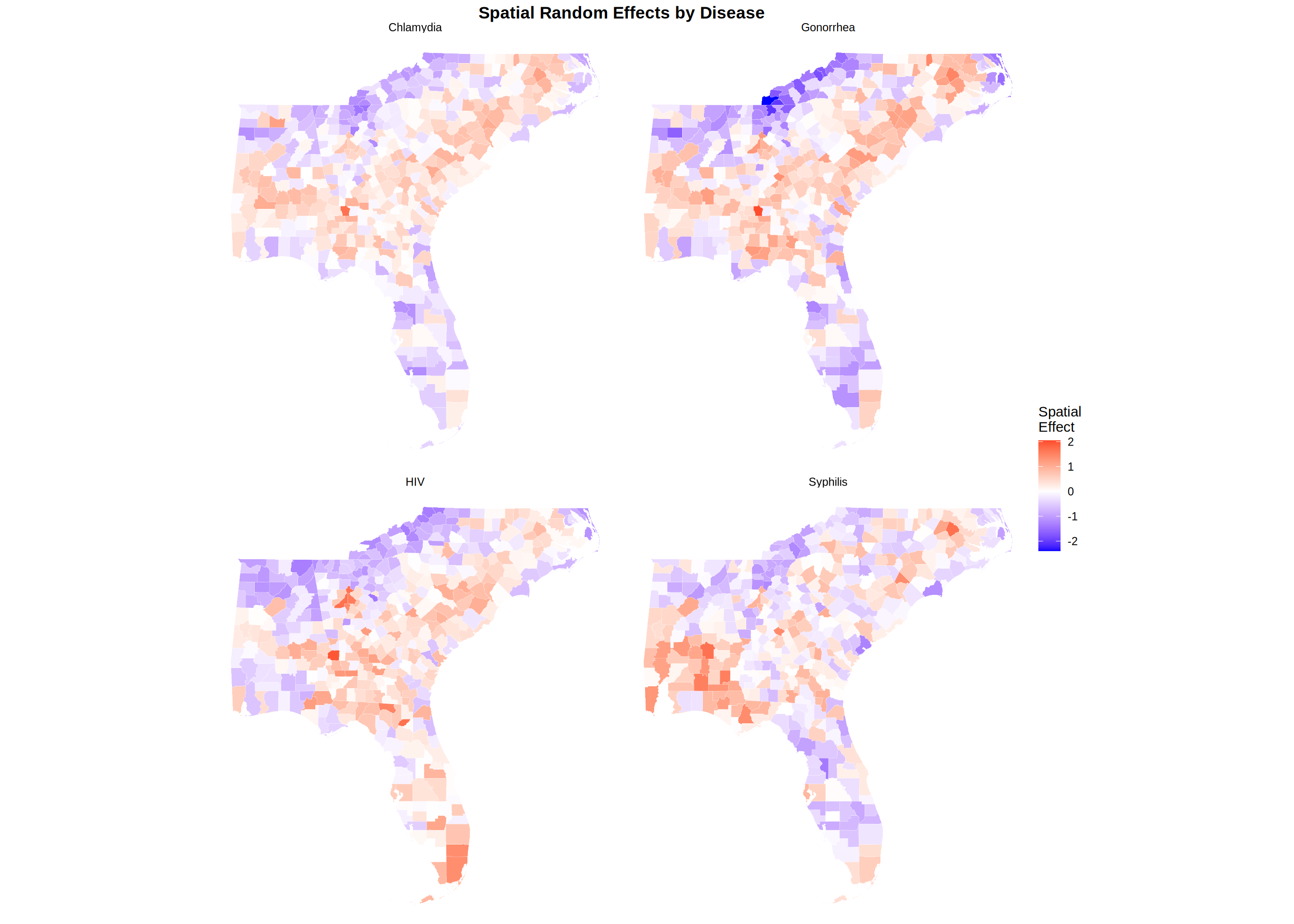 Comparison of spatial random effects and hotspots across diseases