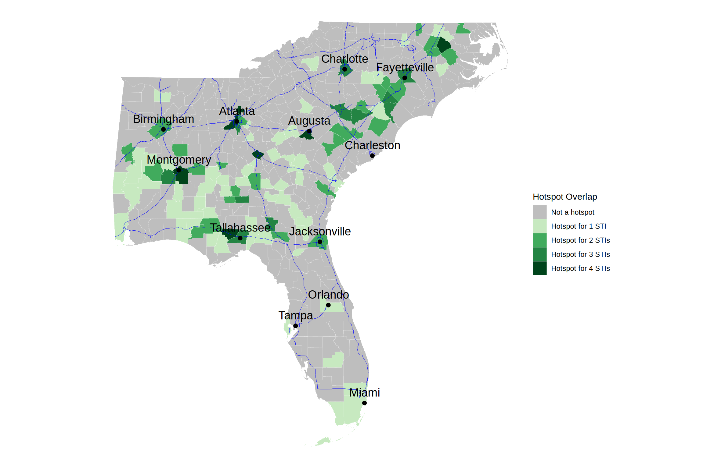 Overlap of spatial hotspots for each sexually transmitted infection